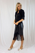 Black Vegan Leather Fringe Skirt - SALE