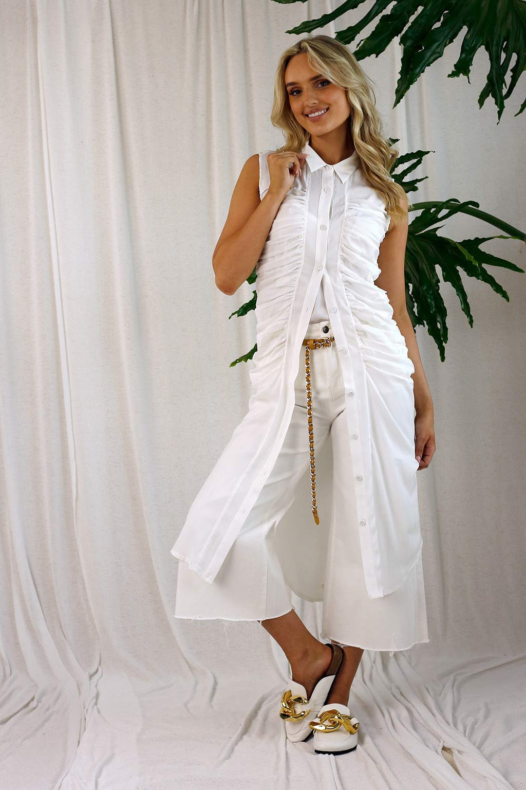 White Ruched Vest Shirt - SALE