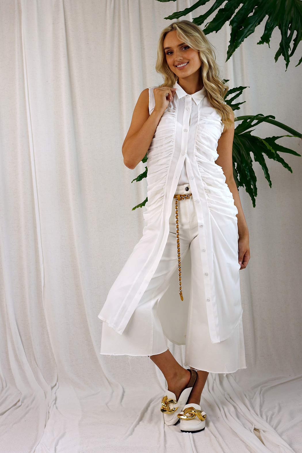 White Ruched Vest Shirt - SALE