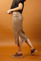 Mocha Vegan Leather Tuck Skirt - SALE