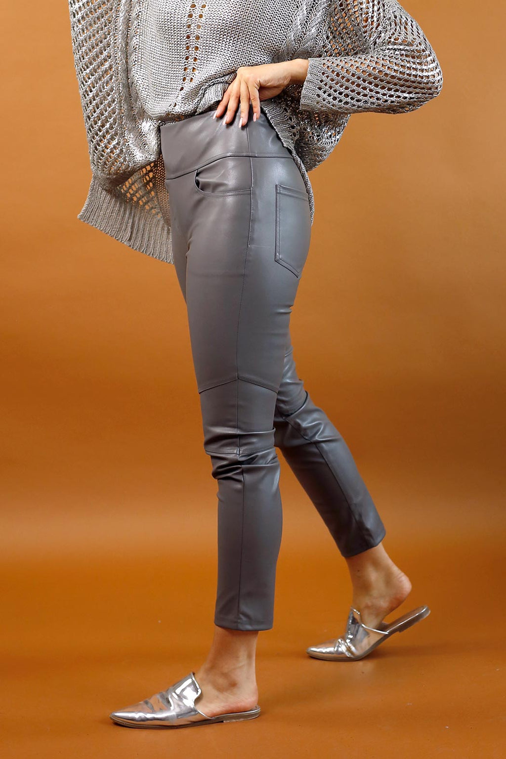 Grey Vegan Leather Biker Pant - SALE