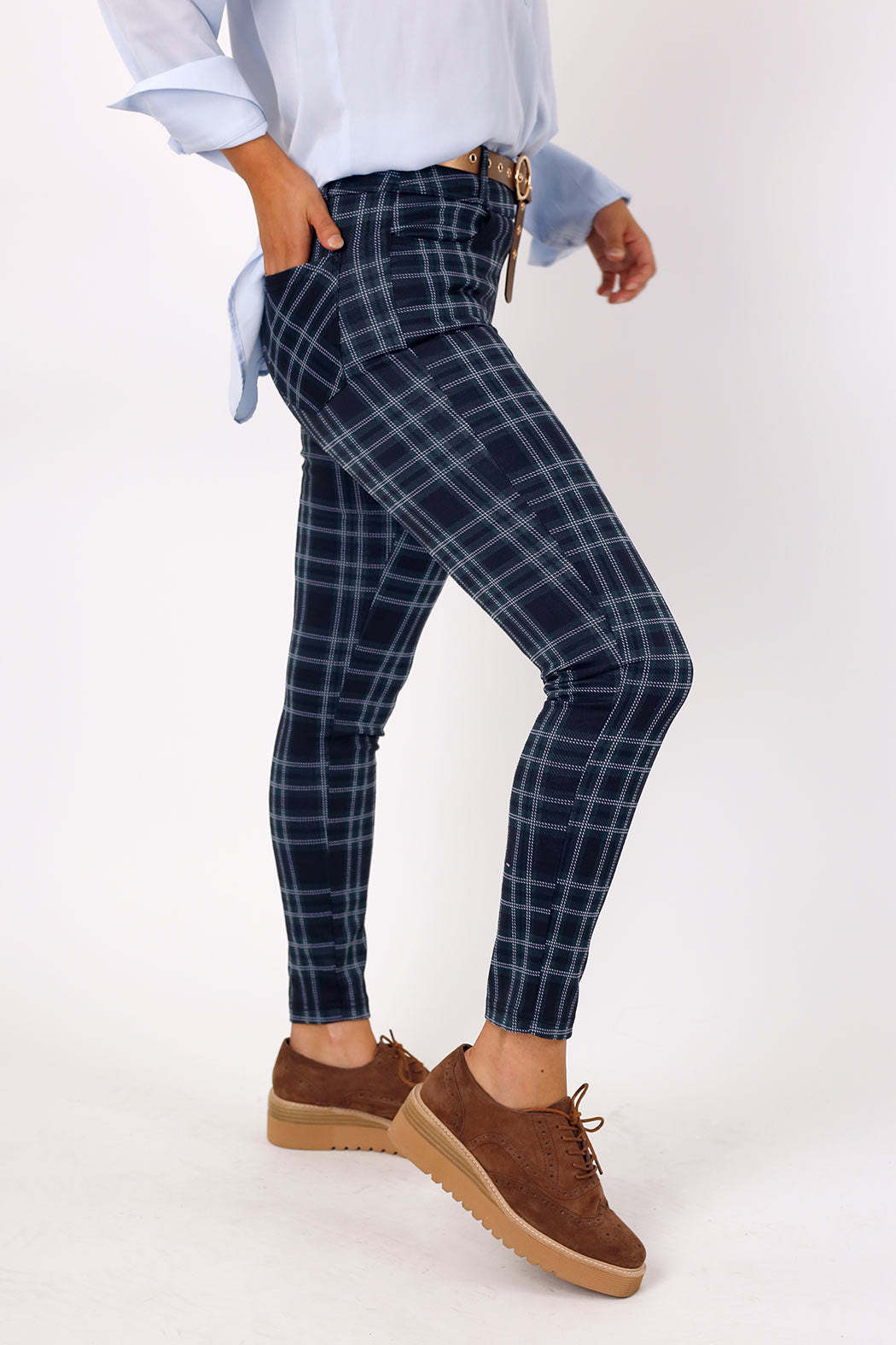Teal Tartan Ponte Slim Pant - FINAL SALE