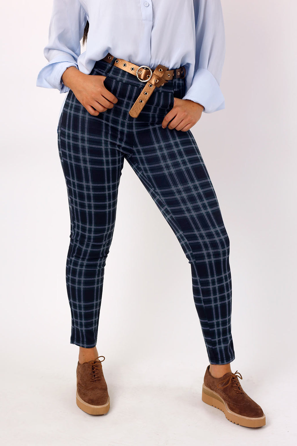 Teal Tartan Ponte Slim Pant - FINAL SALE