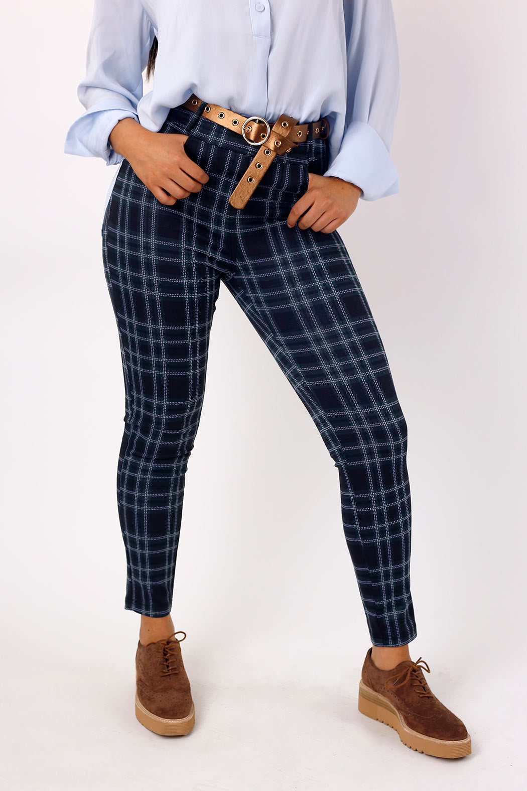 Teal Tartan Ponte Slim Pant - FINAL SALE