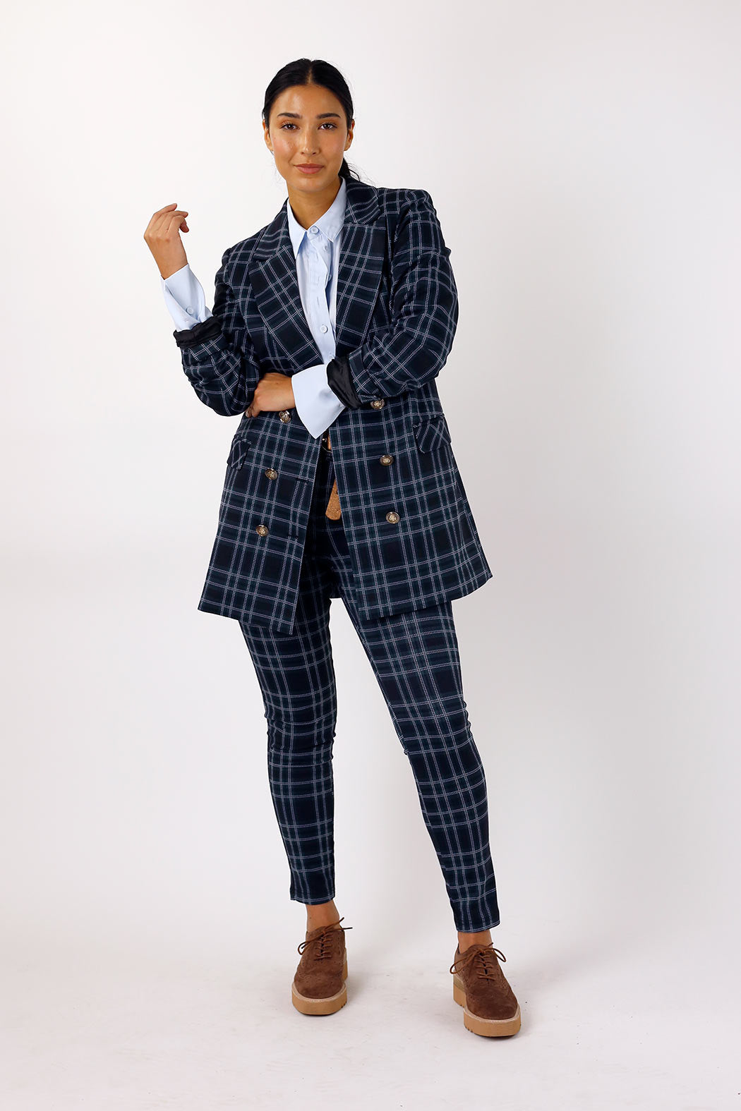 Teal Tartan Ponte Slim Pant - FINAL SALE