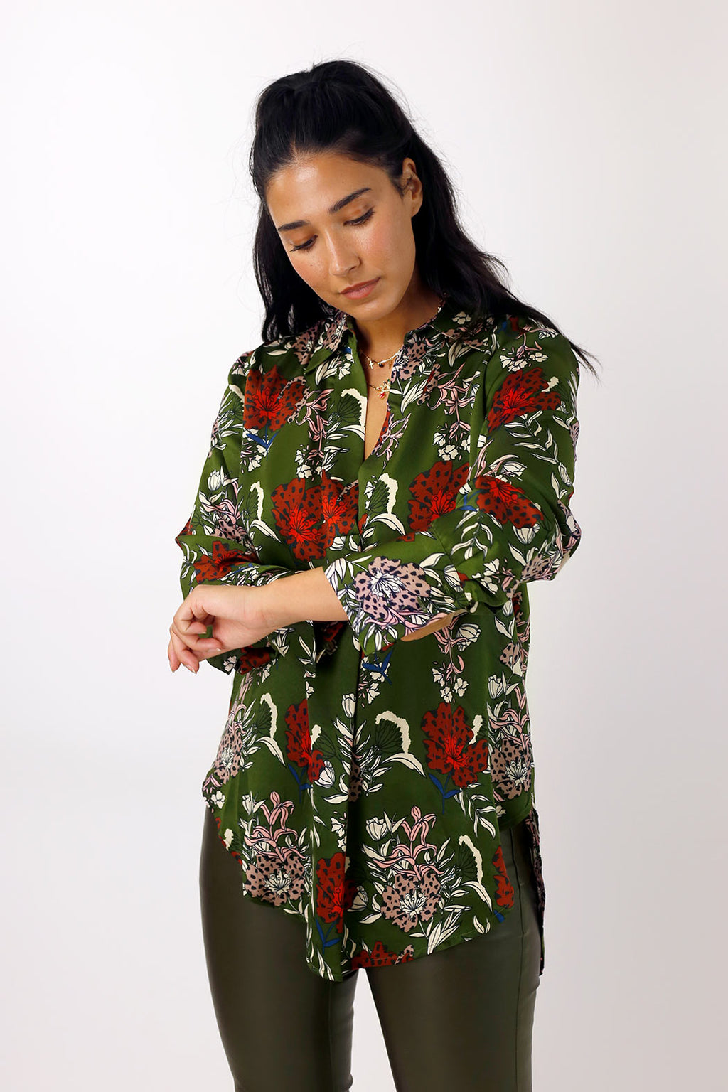 Khaki Floral Silky Gatsby Shirt - SALE