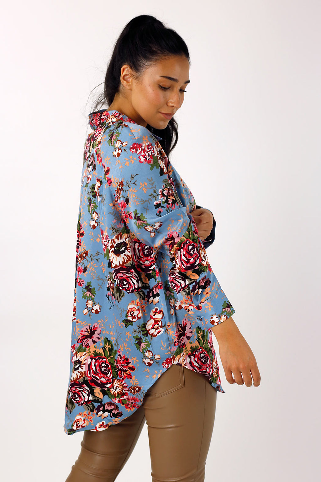 Blue Floral Silky Raglan Shirt