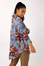 Blue Floral Silky Raglan Shirt