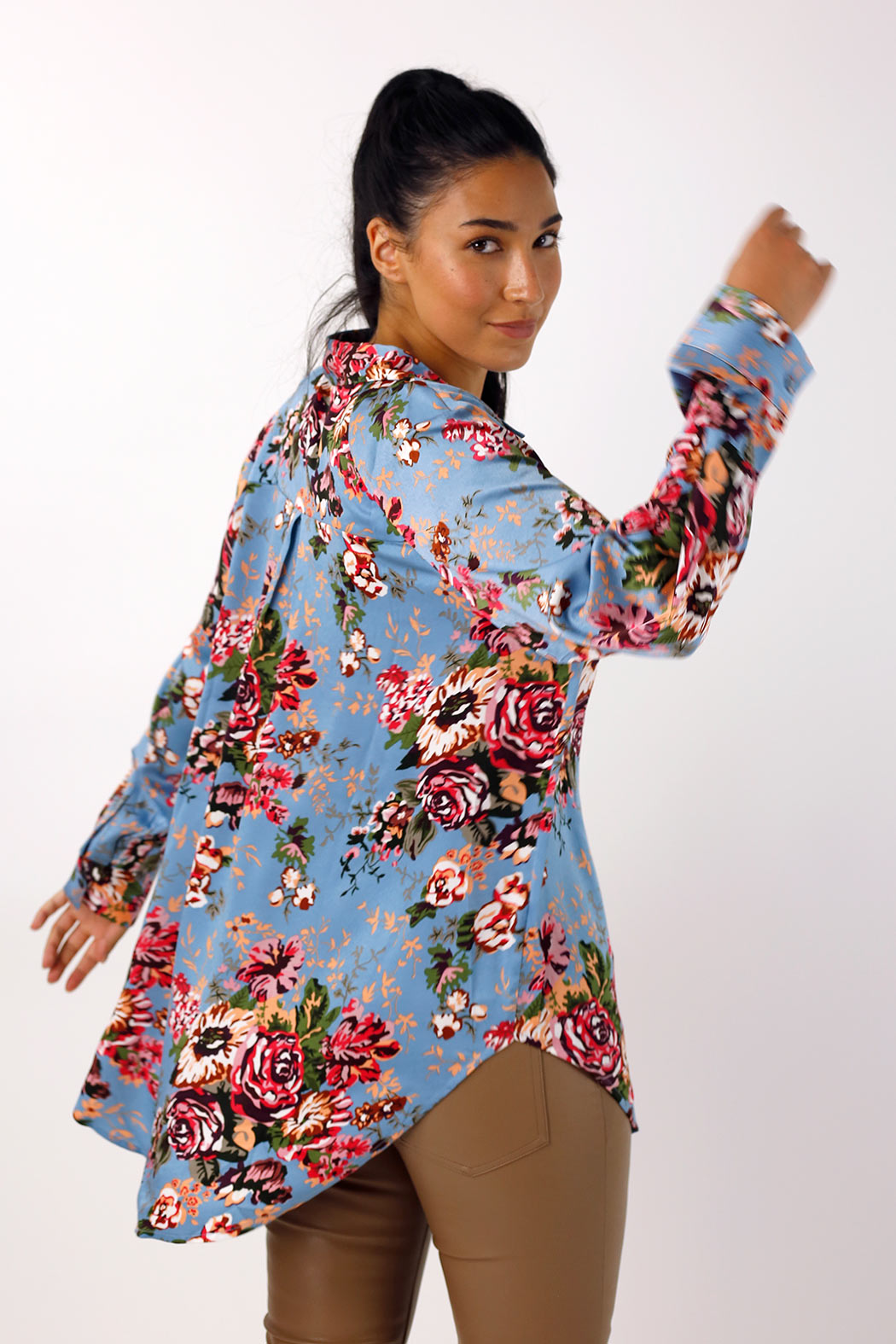 Blue Floral Silky Raglan Shirt