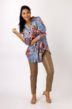 Blue Floral Silky Raglan Shirt
