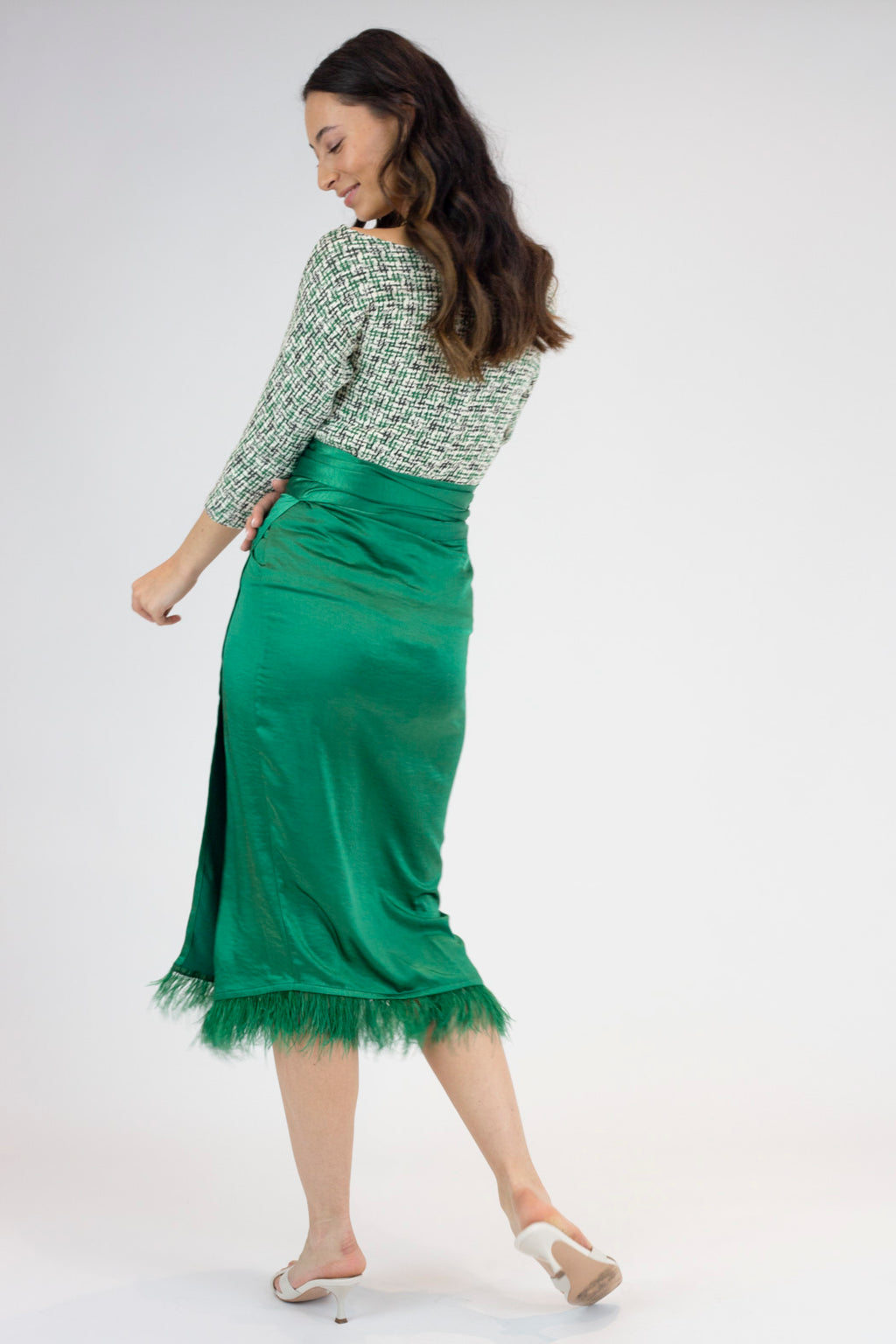Green Satin Feather Skirt - Final Sale
