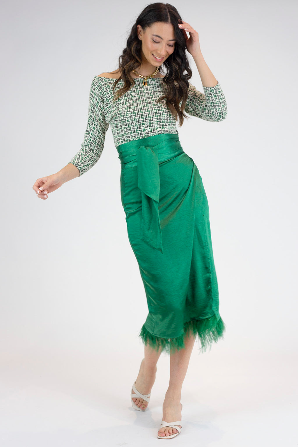Green Satin Feather Skirt - Final Sale