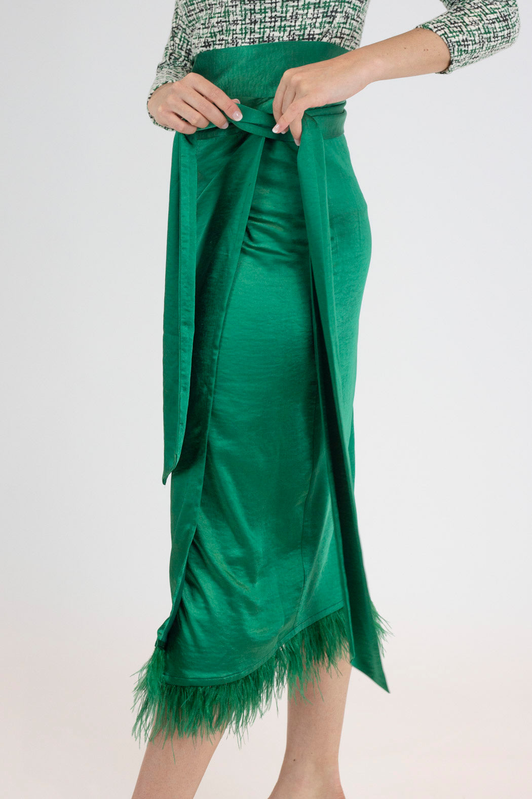 Green Satin Feather Skirt - Final Sale