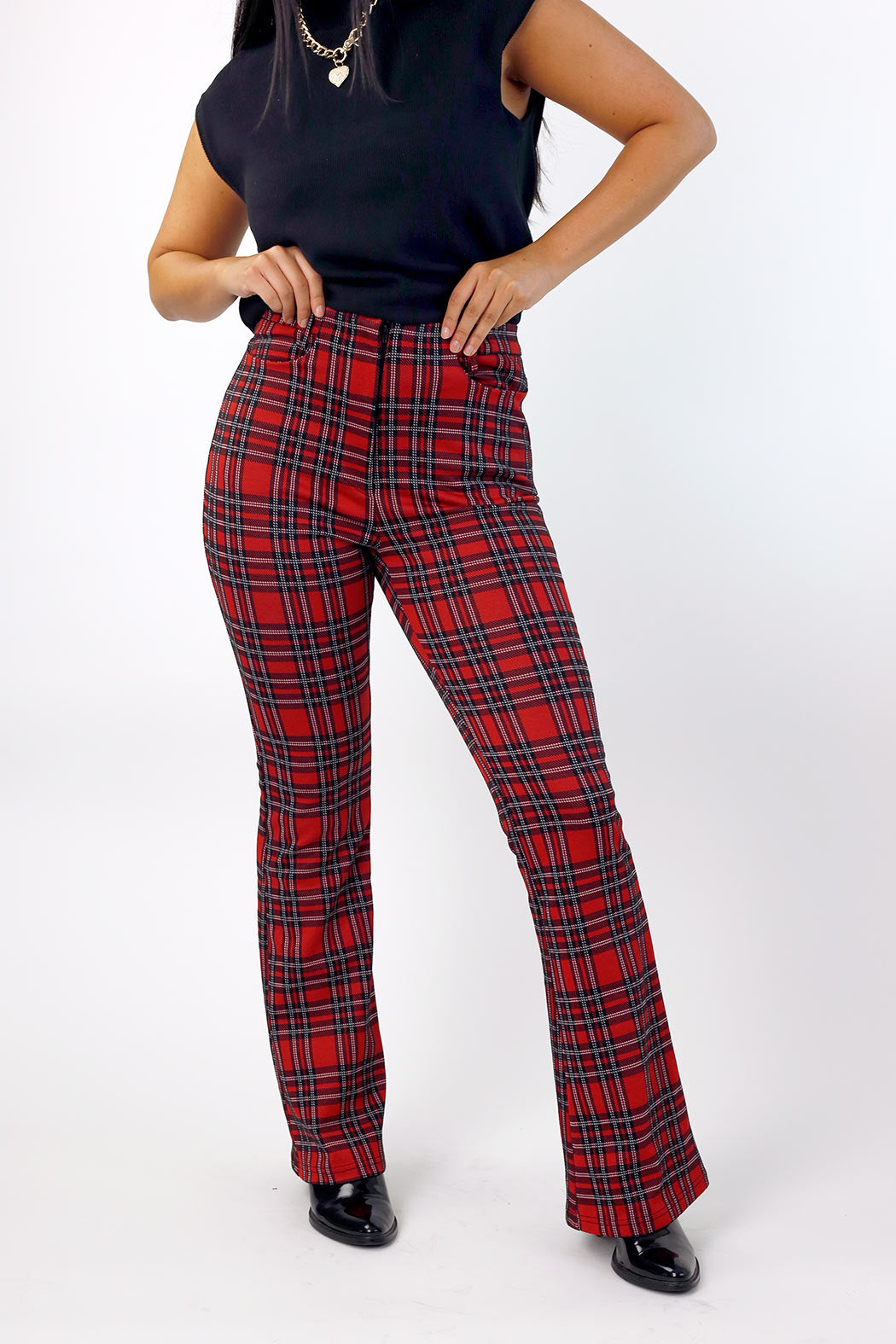 Red Tartan Ponte Zip-Up Flare