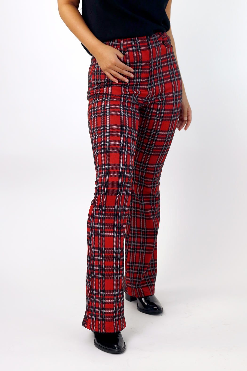 Red Tartan Ponte Zip-Up Flare