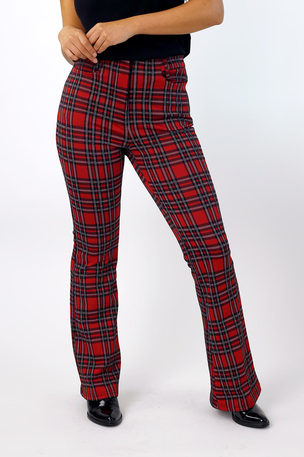 Red Tartan Ponte Zip-Up Flare