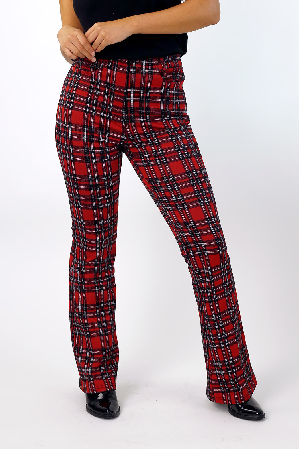 Red Tartan Ponte Zip-Up Flare