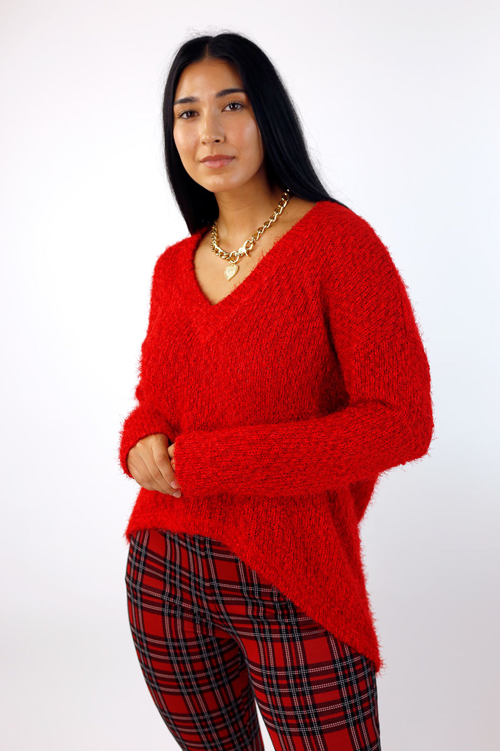 Red Fluffy V-Neck Jumper - SALE