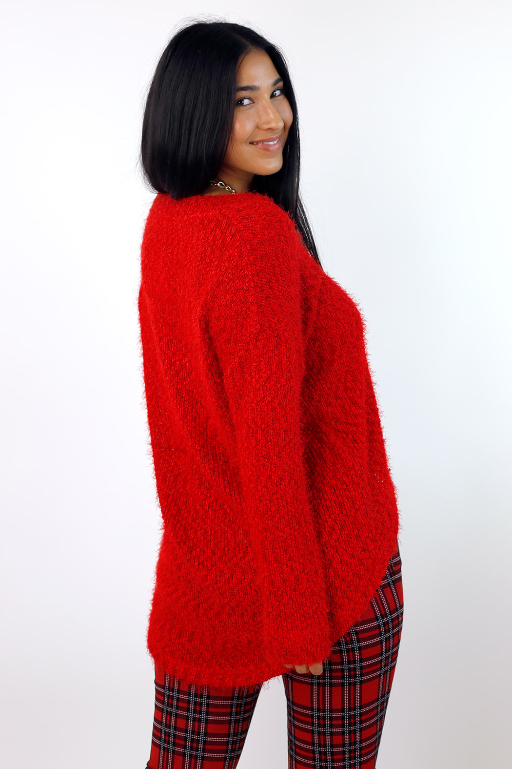 Red Fluffy V-Neck Jumper - SALE