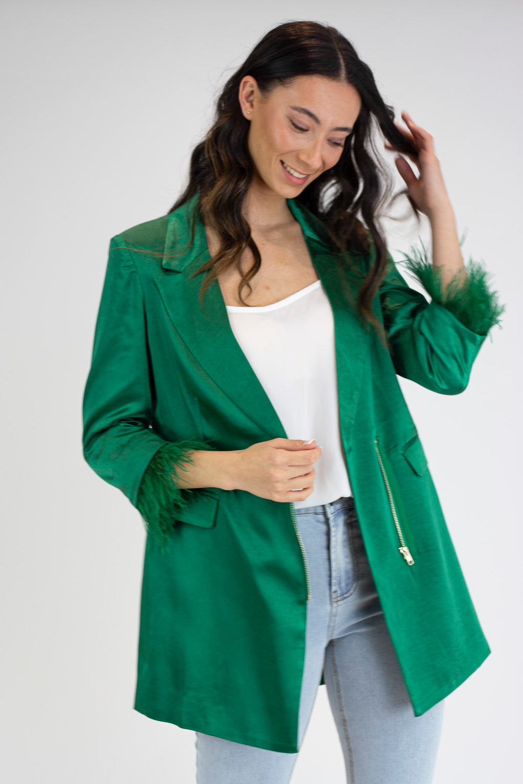 Green Satin Feather Blazer - Sale