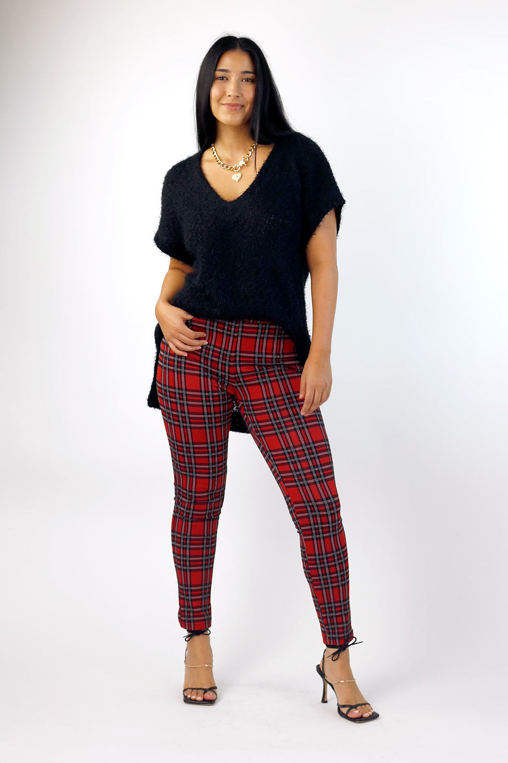 Red Tartan Ponte Slim Pant