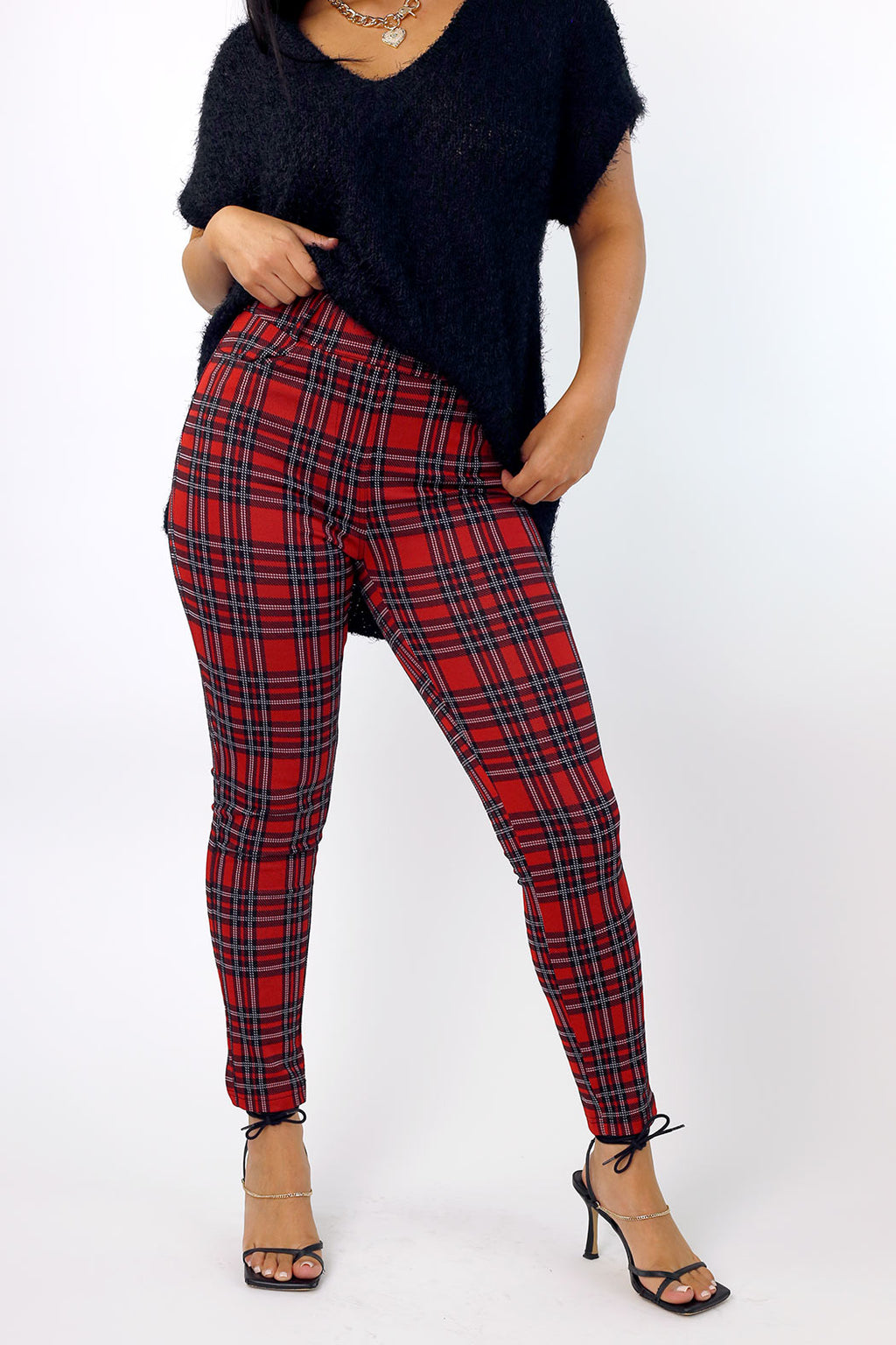 Red Tartan Ponte Slim Pant