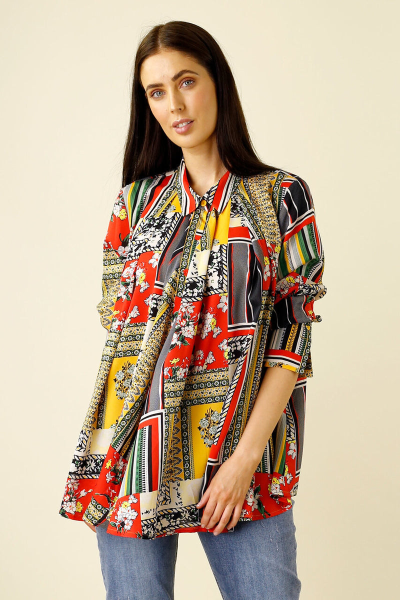 Red Patchwork Drape Shirt - SALE