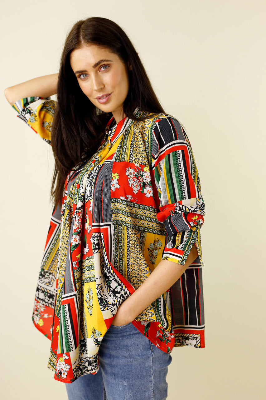 Red Patchwork Drape Shirt - SALE