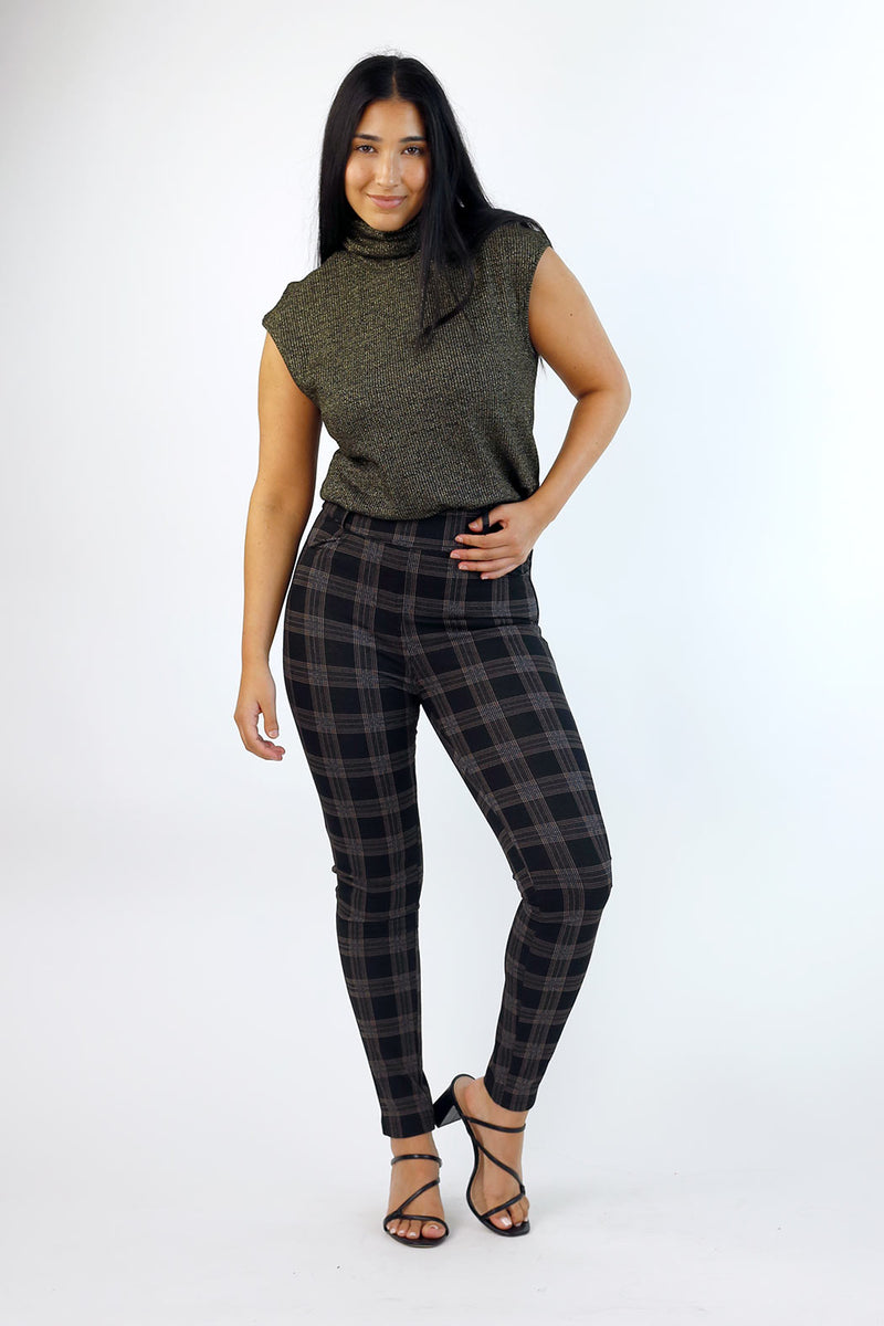 Tan Check Ponte Slim Pant - SALE