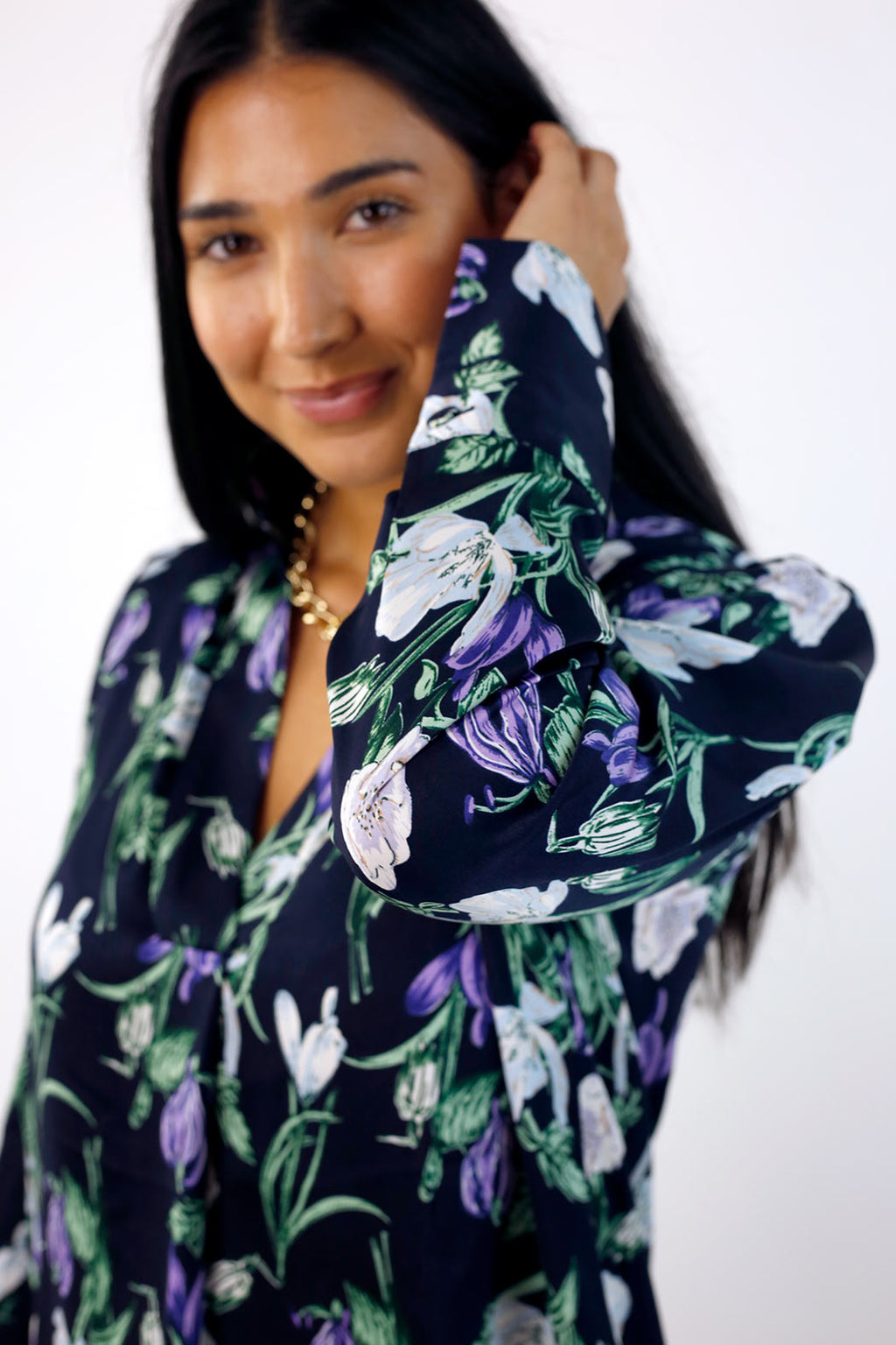 Navy Floral Silky Puff Shirt - SALE