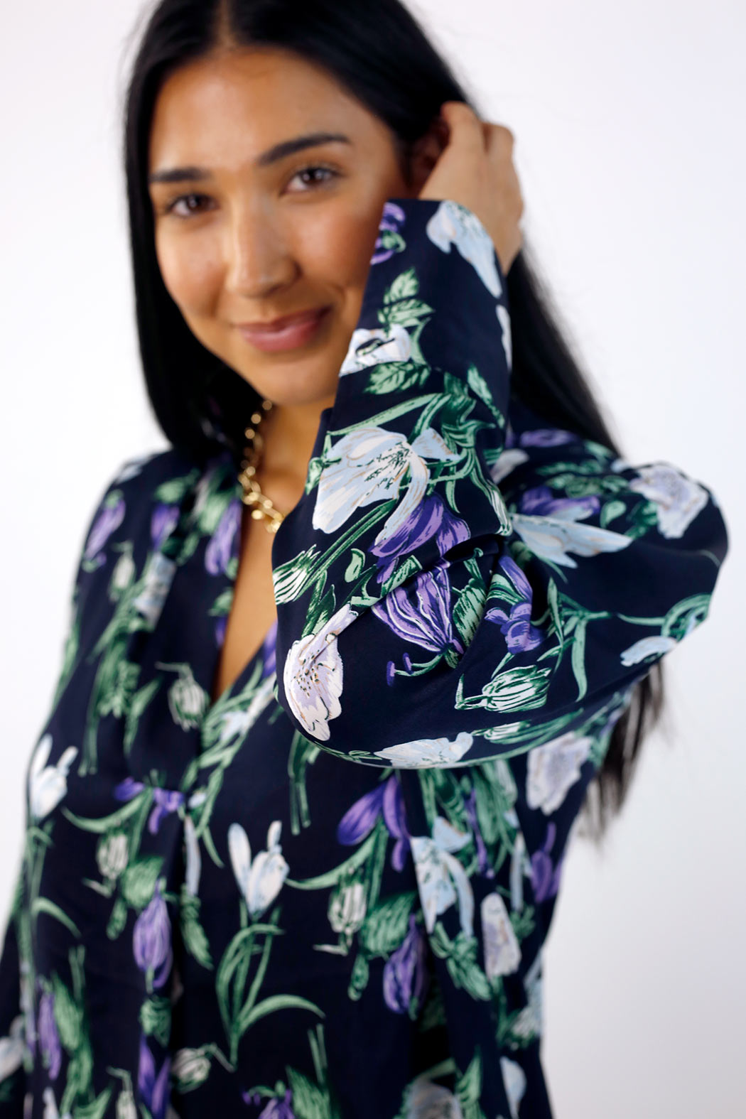 Navy Floral Silky Puff Shirt - SALE