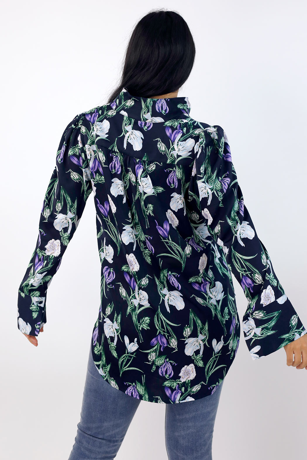 Navy Floral Silky Puff Shirt - SALE