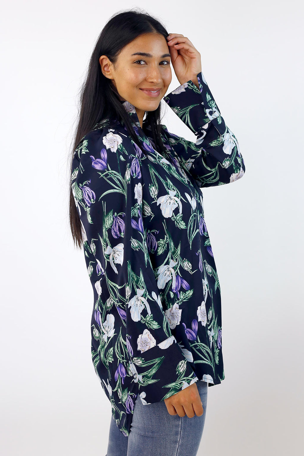 Navy Floral Silky Puff Shirt - SALE