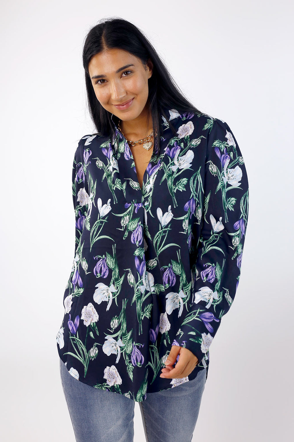 Navy Floral Silky Puff Shirt - SALE