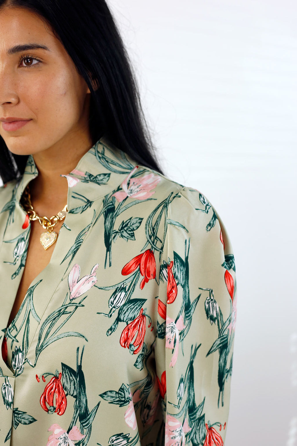 Mint Floral Silky Puff Shirt - SALE
