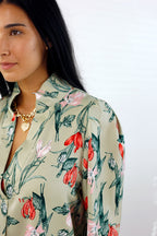 Mint Floral Silky Puff Shirt - SALE