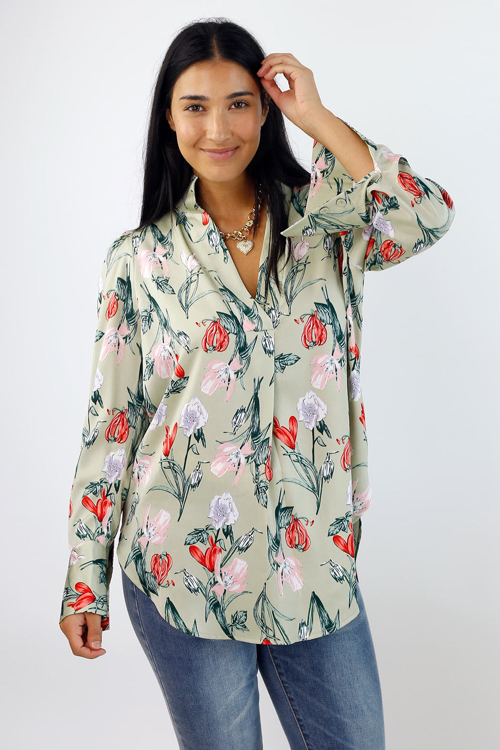 Mint Floral Silky Puff Shirt - SALE