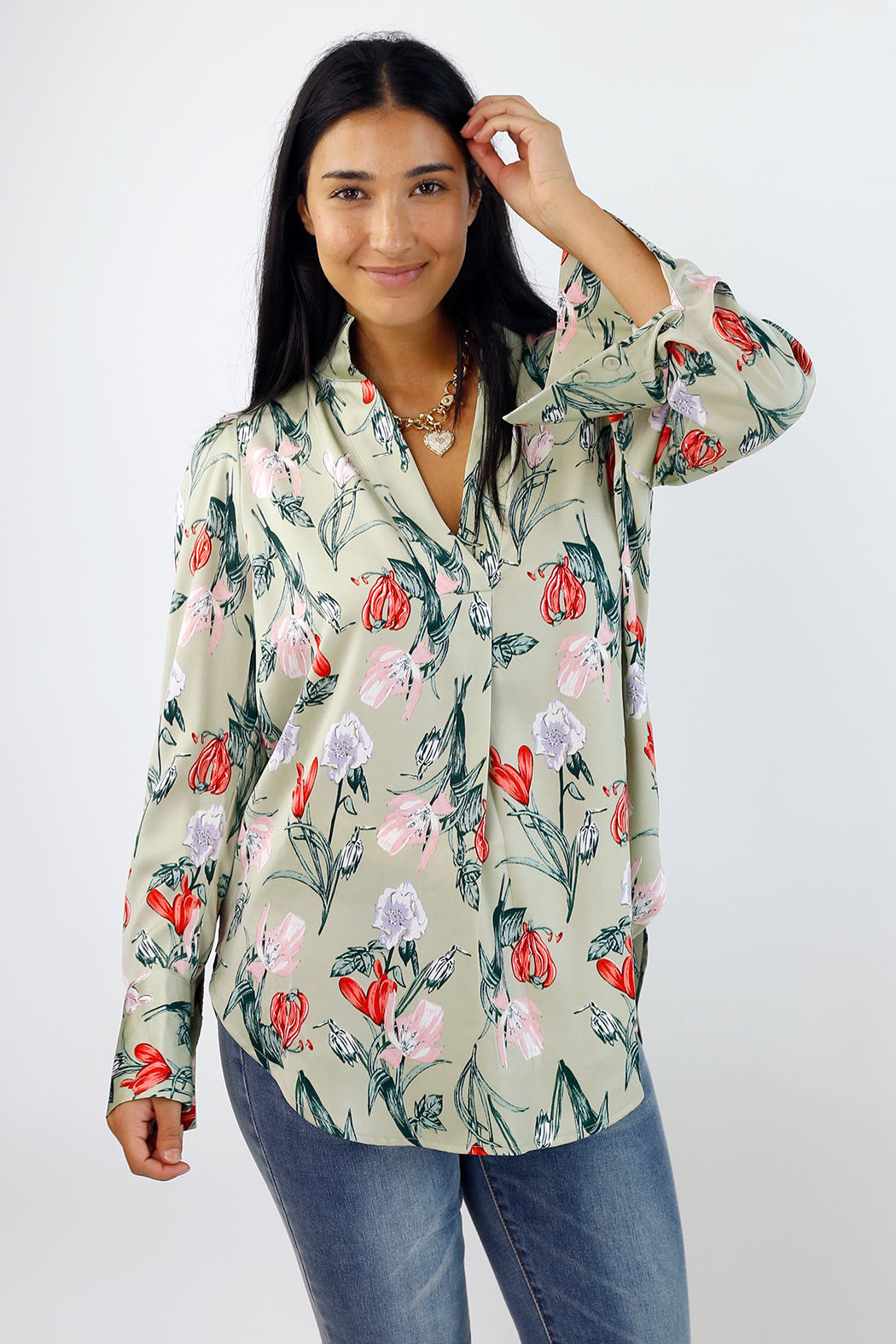 Mint Floral Silky Puff Shirt - SALE