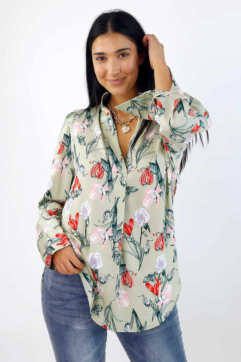 Mint Floral Silky Puff Shirt - SALE