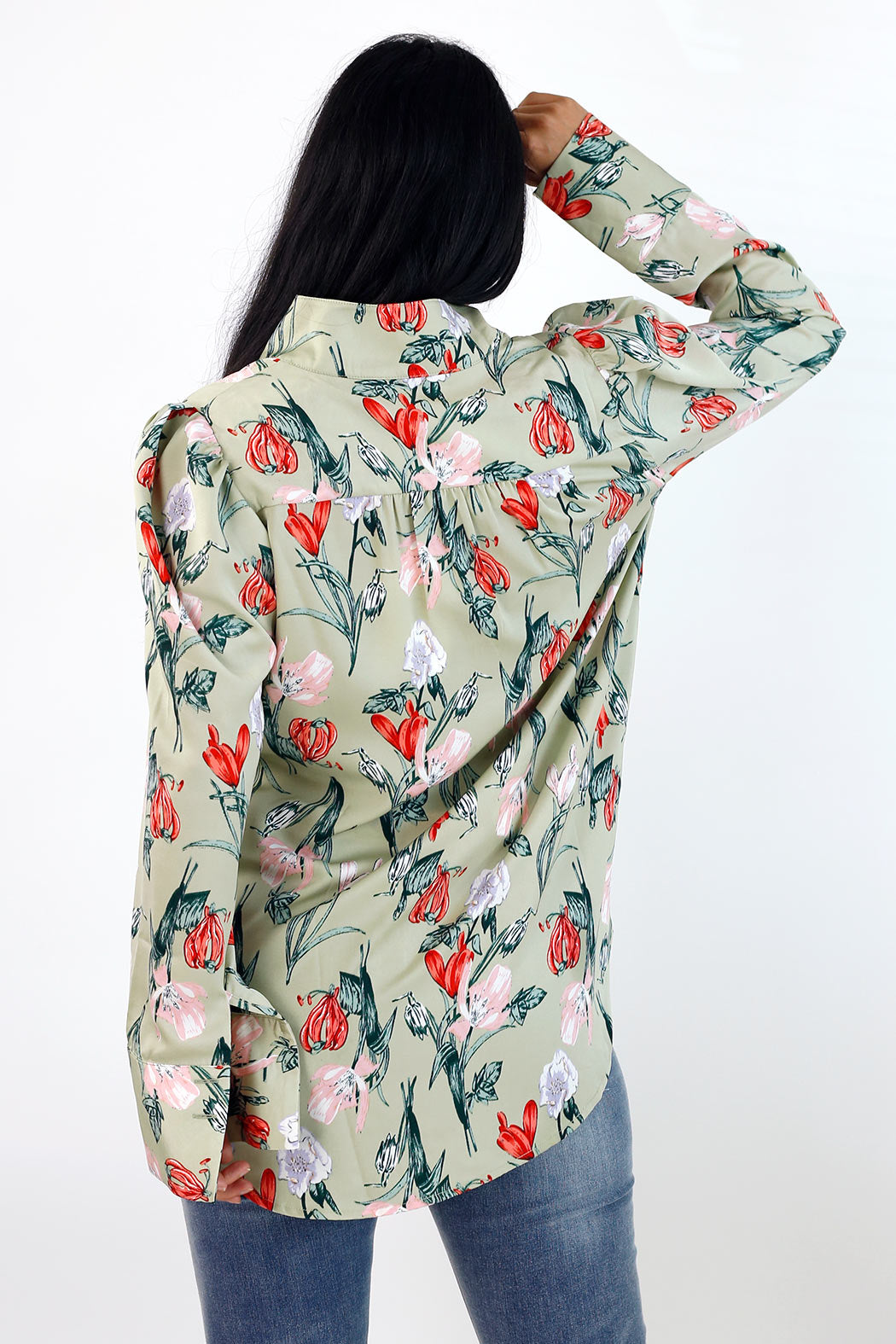 Mint Floral Silky Puff Shirt - SALE