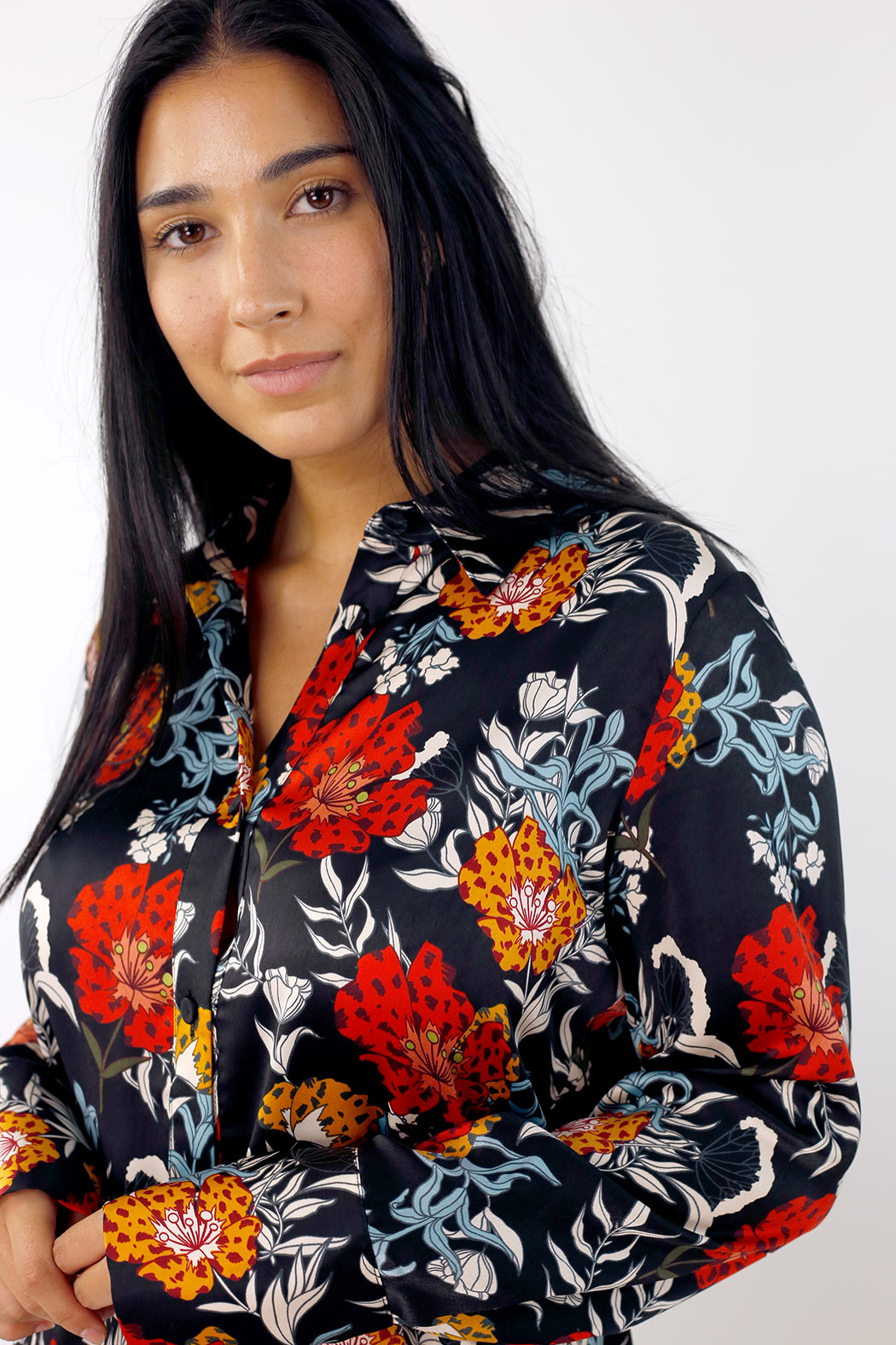 Black Floral Silky Asana Shirt - SALE