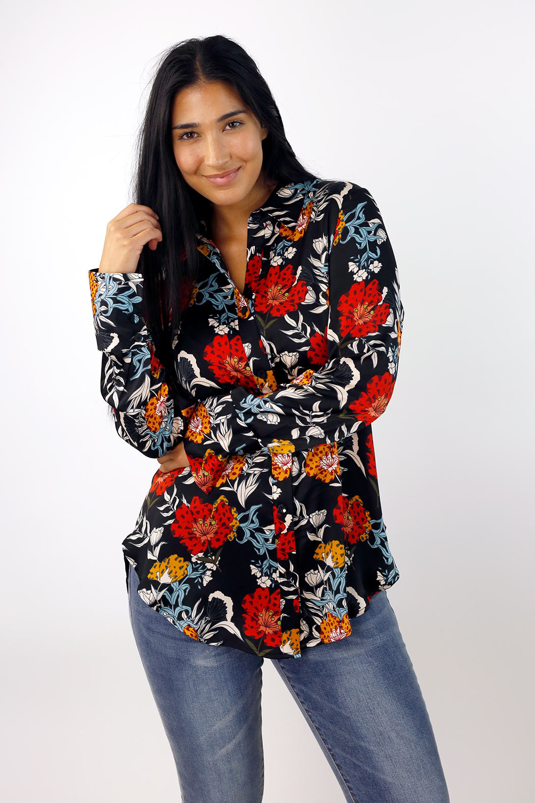 Black Floral Silky Asana Shirt - SALE