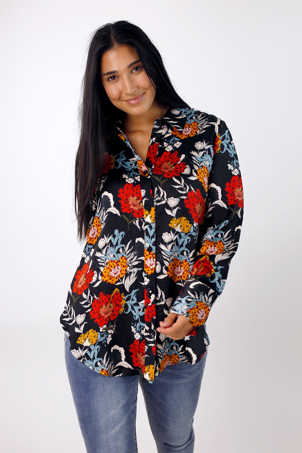 Black Floral Silky Asana Shirt - SALE