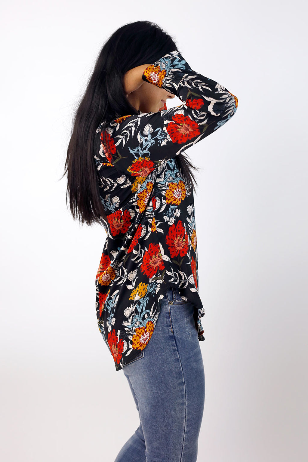 Black Floral Silky Asana Shirt - SALE