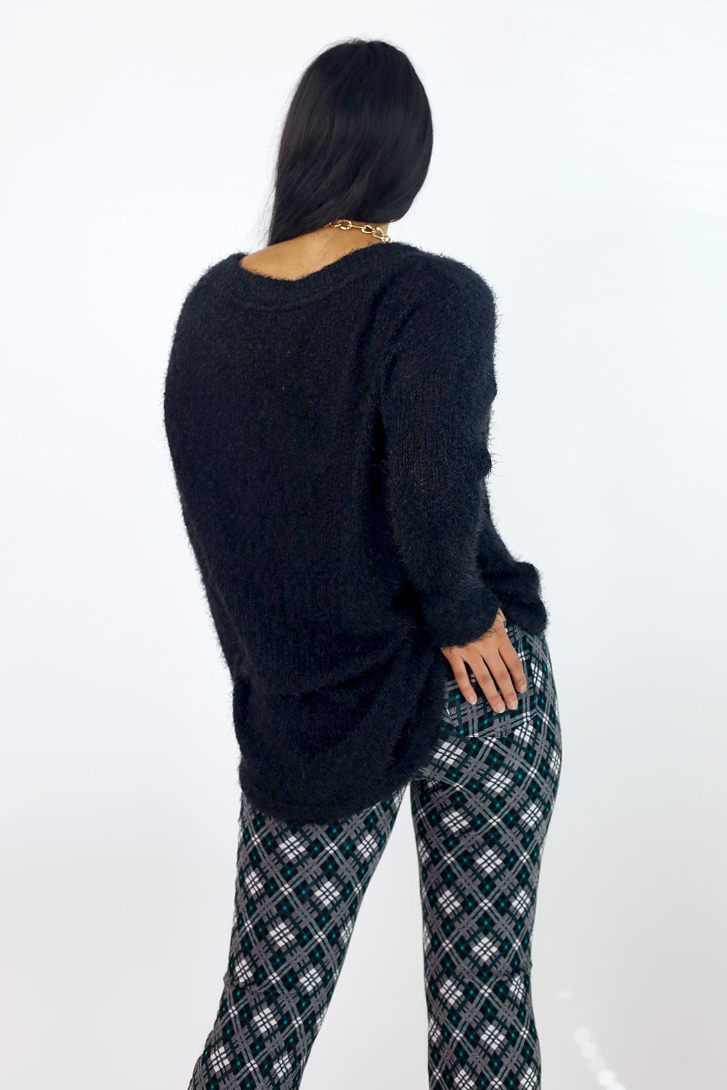 Black Fluffy V Neck Jumper - SALE