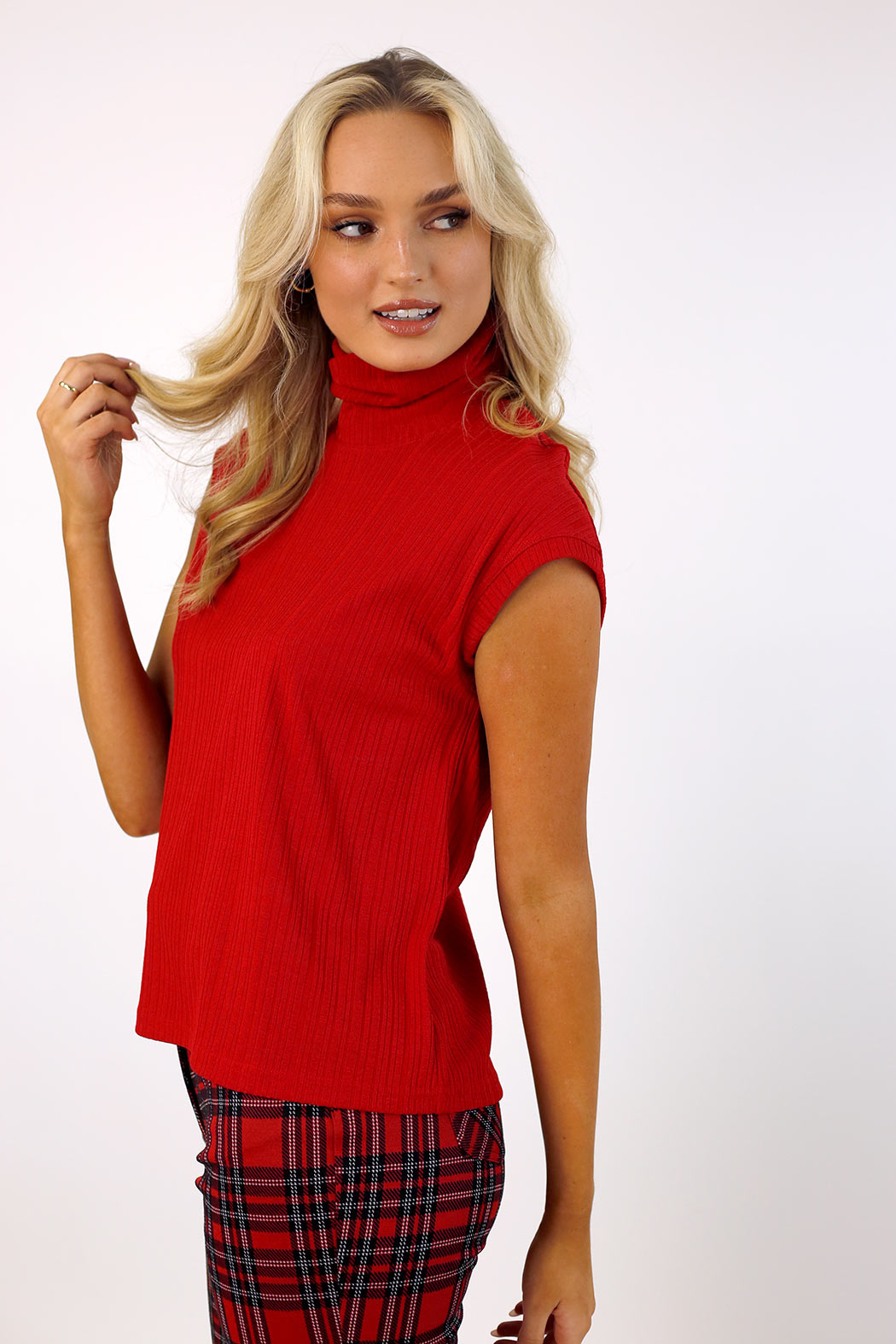 Red Rib High Neck Top - FINAL SALE