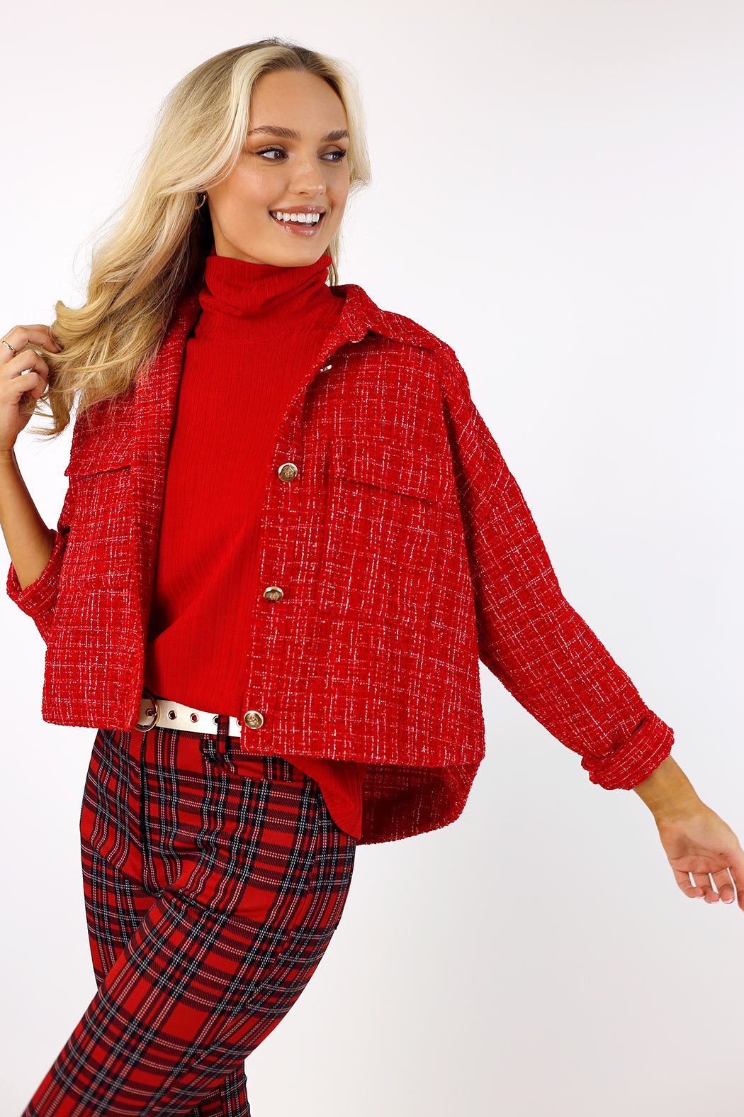 Crop Textured Blazer - Red- SALE
