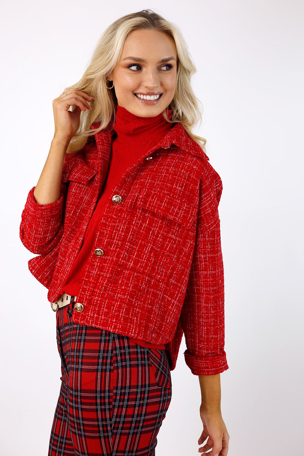 Crop Textured Blazer - Red- SALE