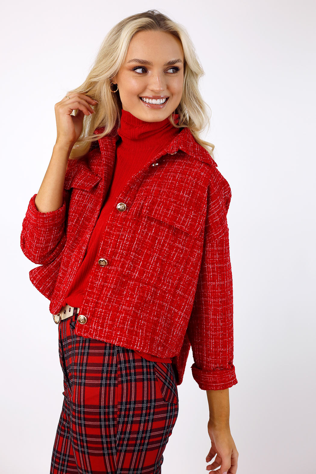 Crop Textured Blazer - Red- SALE