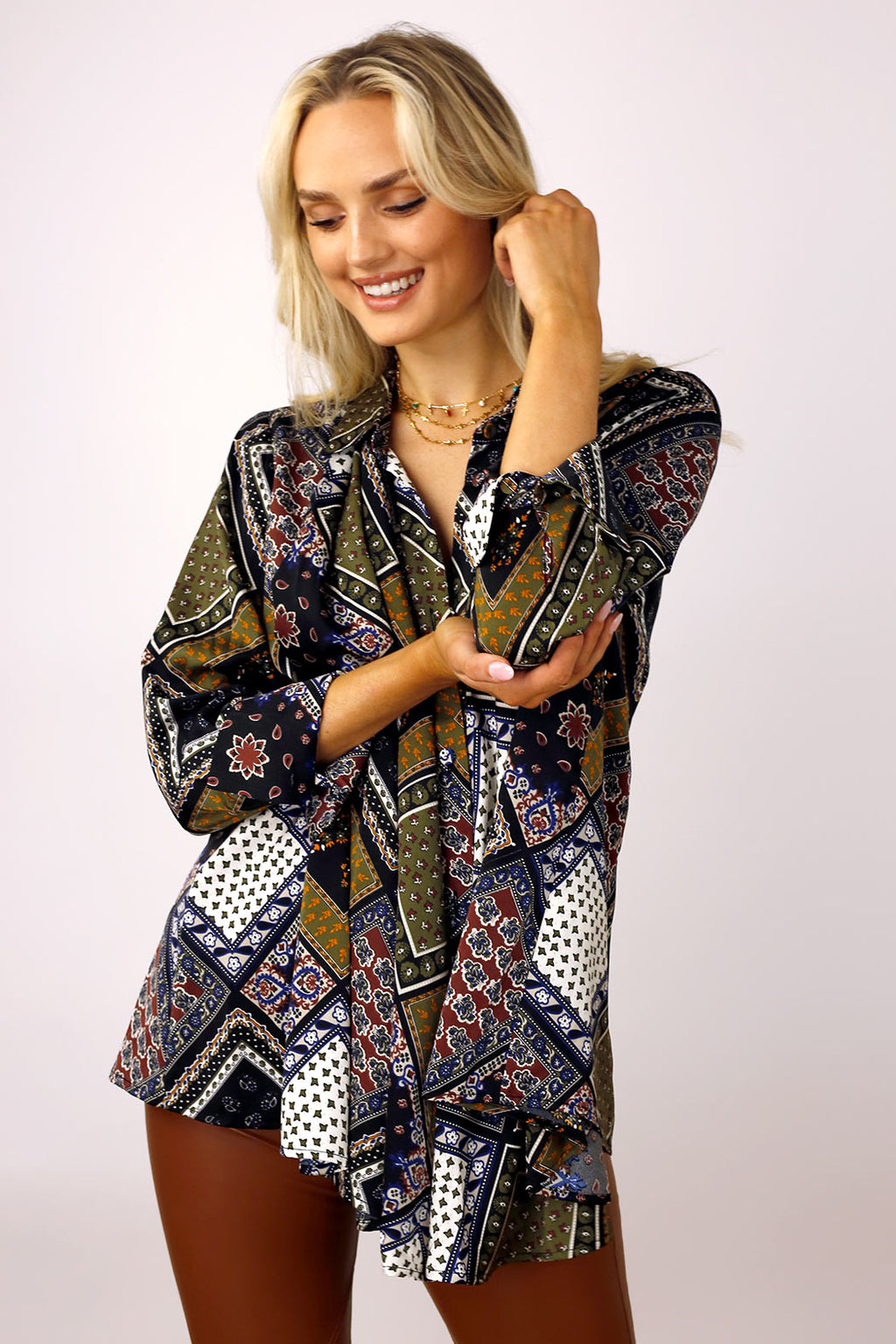Khaki Patchwork Silky Drape Shirt - FINAL SALE